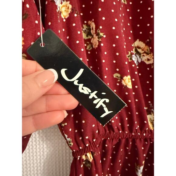 NWT Women's L Cottagecore Floral Polka Dot V Gold Zip Elastic Tie Waist Dress - Picture 7 of 10